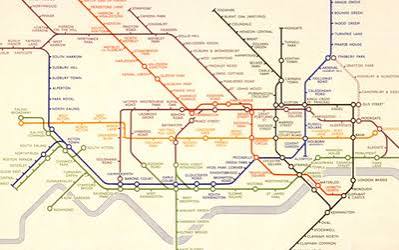 Harry Beck's original 1933 London Underground diagram, with colored routes simplified into a clear network.