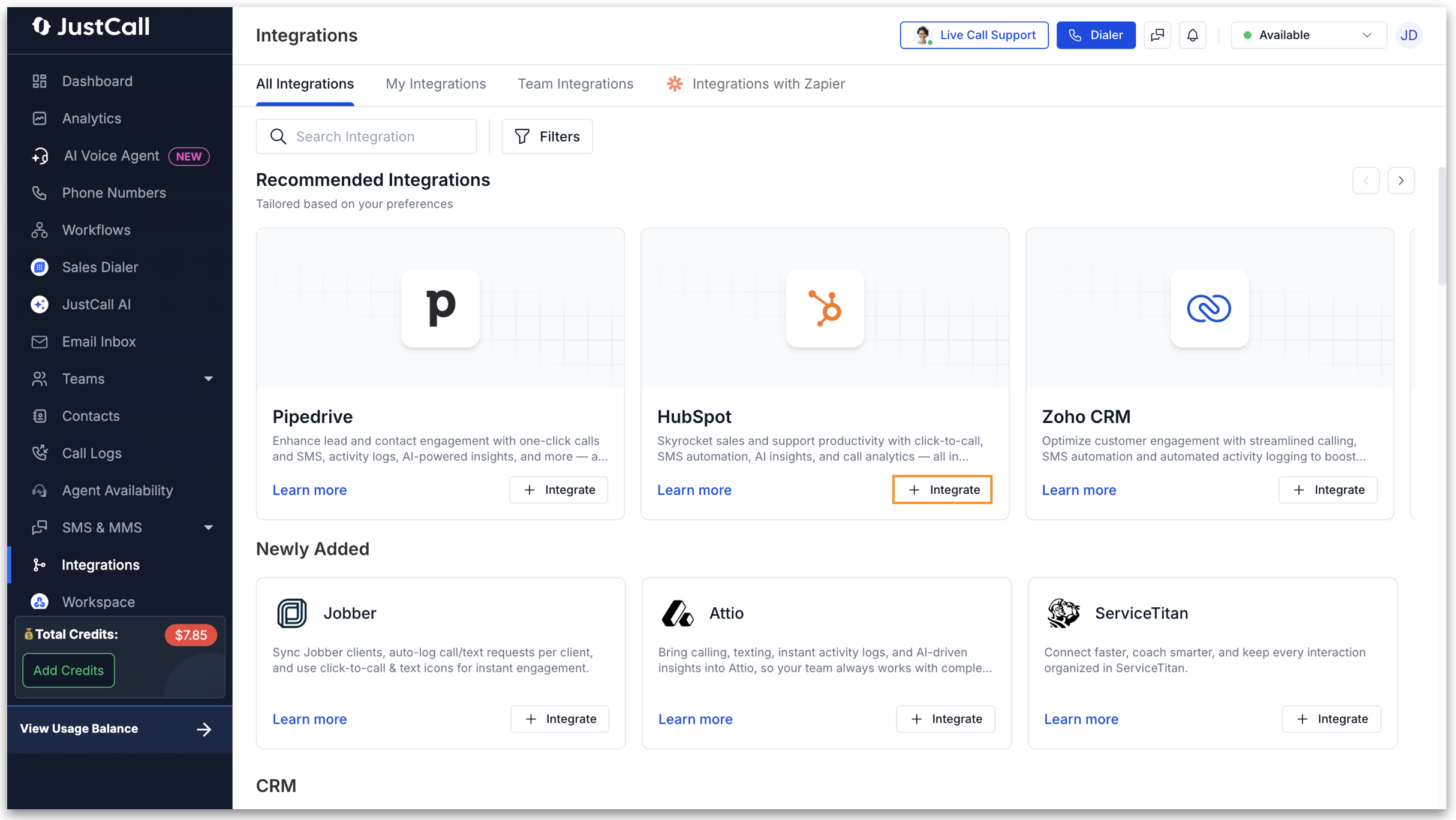 JustCall integrations screen showing the HubSpot integration