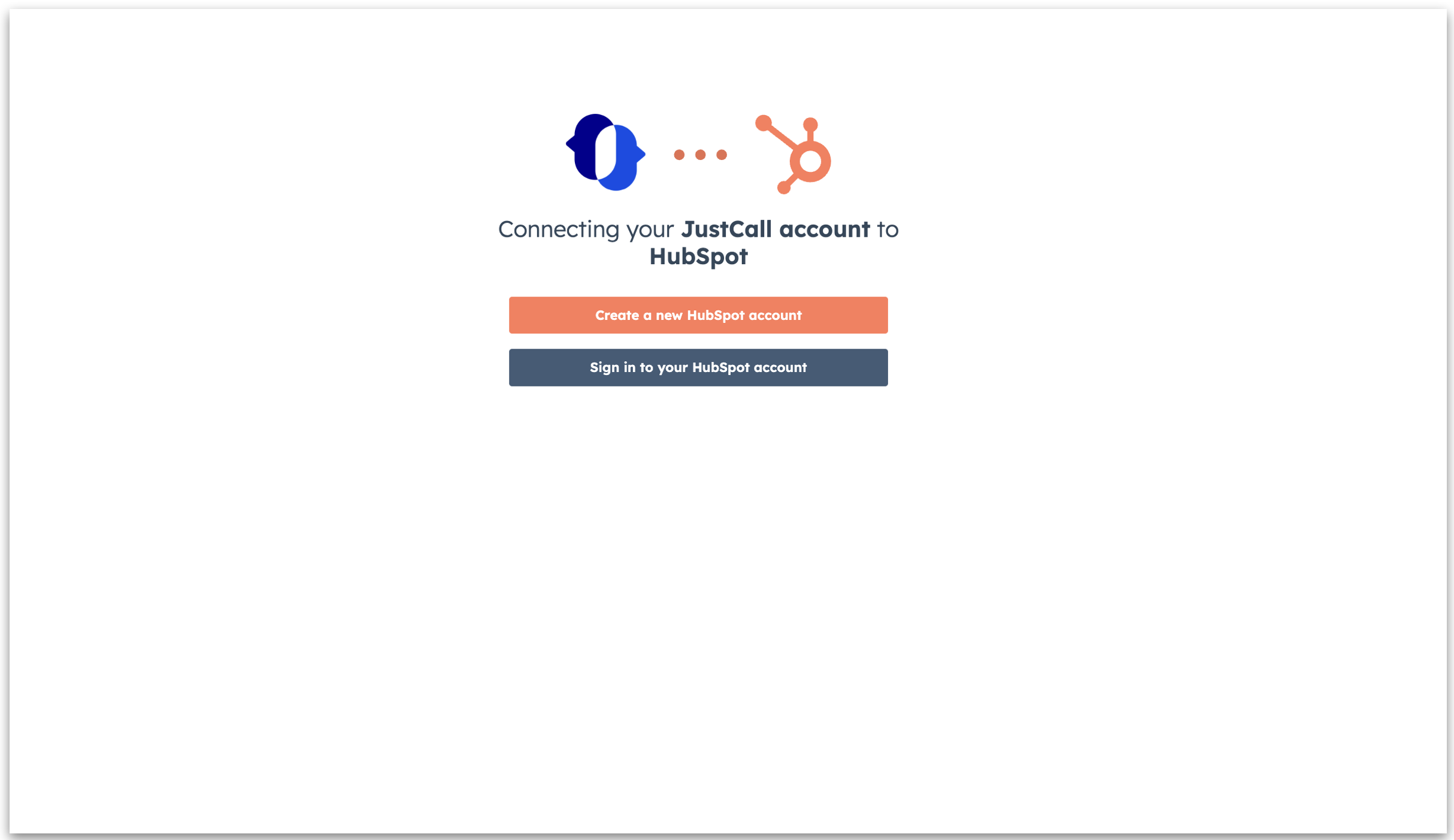 JustCall redirecting to HubSpot account authorization