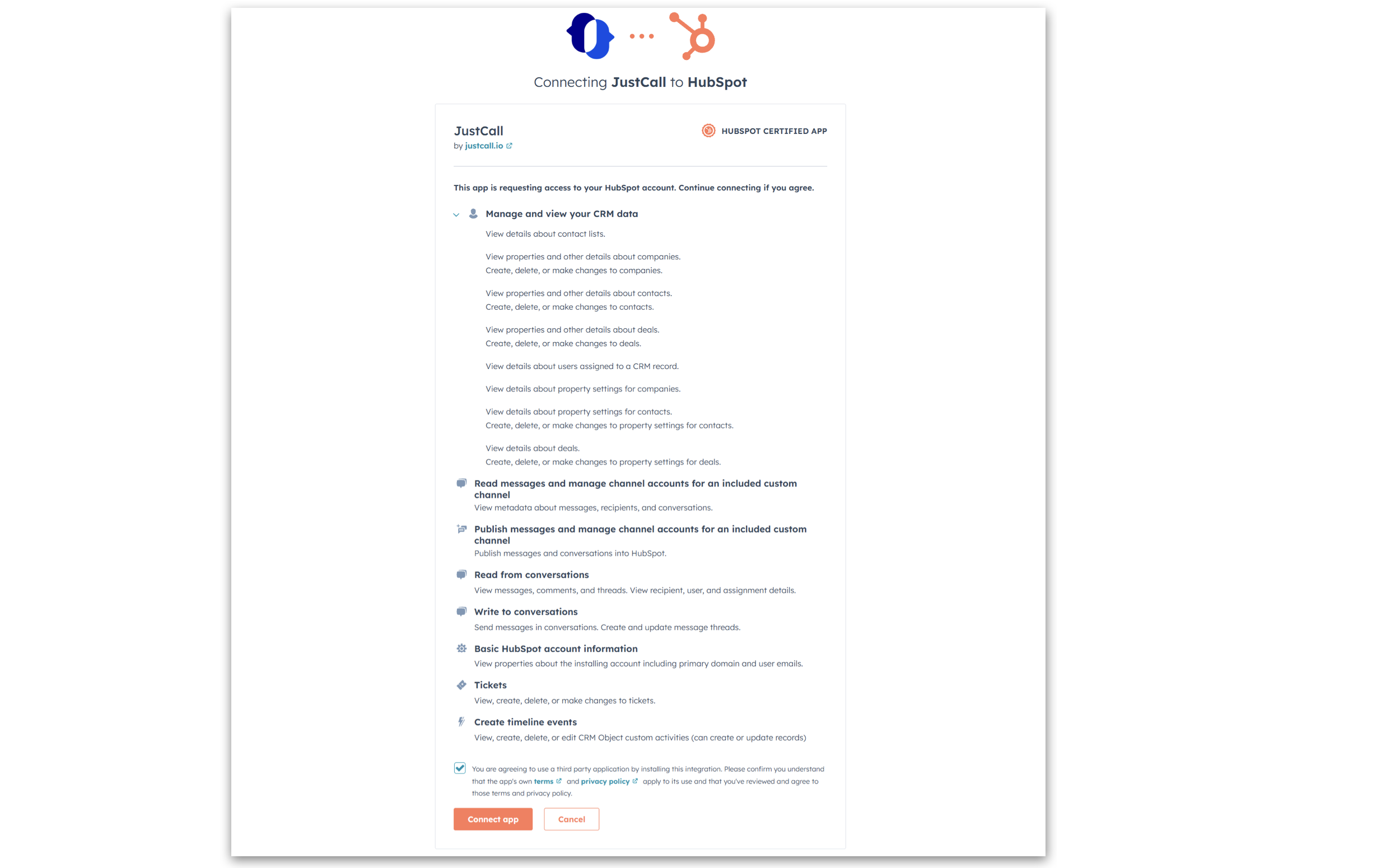 HubSpot Connect app authorization screen