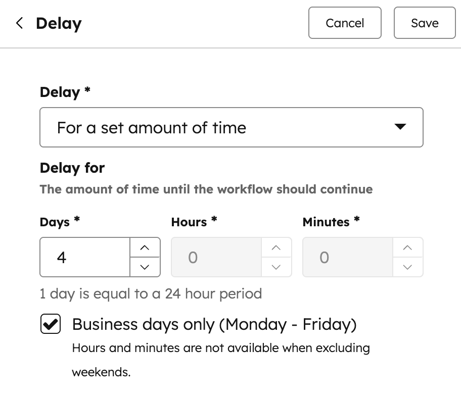 HubSpot workflow delay configured for business days