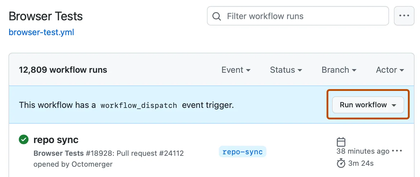 GitHub's Run workflow menu button outlined.
