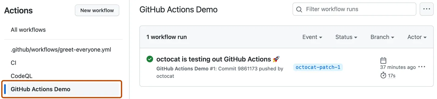 The workflow selector in GitHub's Actions sidebar.