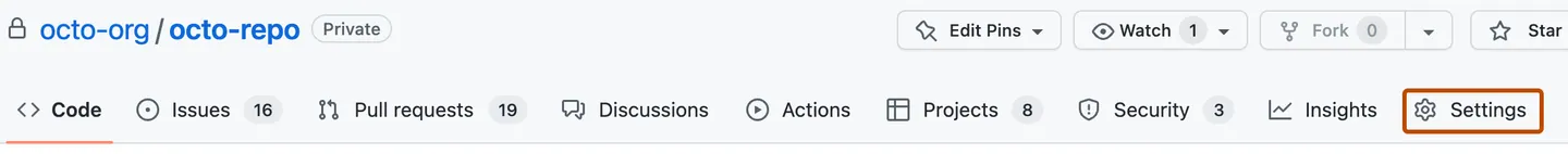 GitHub repository navigation with Settings outlined.